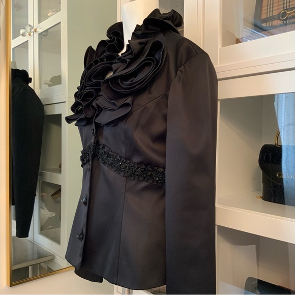 JS Collection Vintage Black Evening Jacket Ruffles Satiny Size 4 - Picture 6 of 11